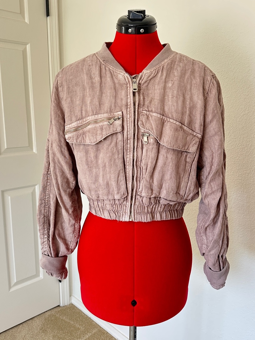 Zara linen Washed Mauve Cropped Bomber Jacket - Women XS